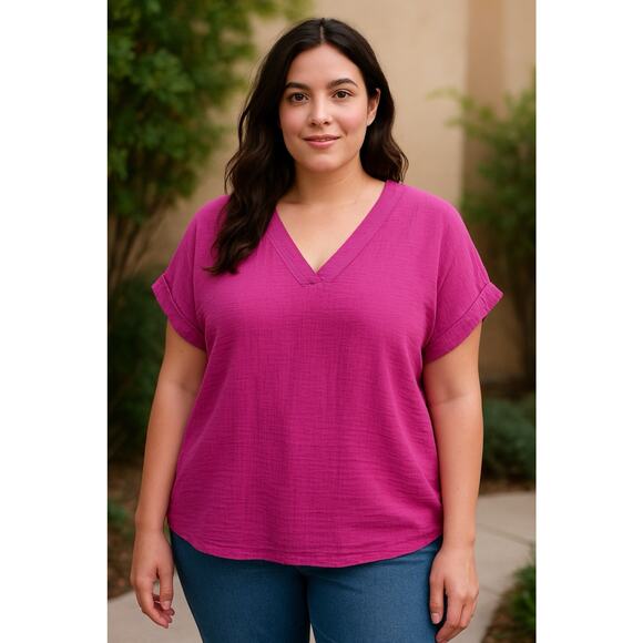 Lane Bryant Gauze Coastal Casual Top Pink 100% Cotton Size 14 Preppy Comfort EUC - Picture 2 of 12